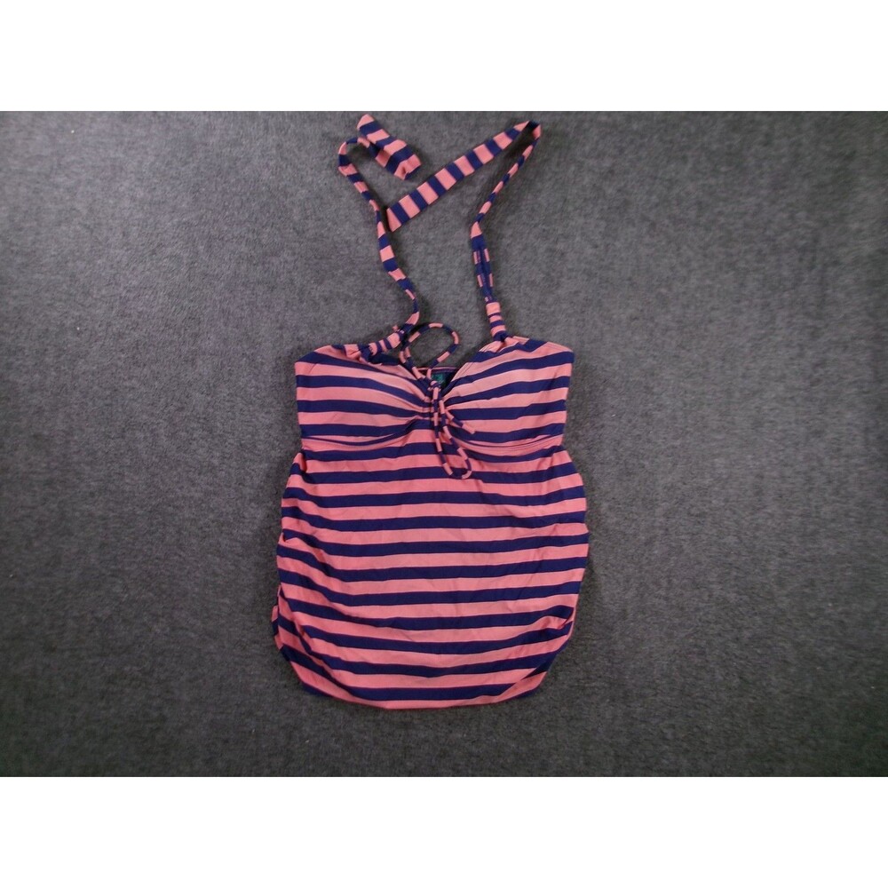 Beach Bump Tankini Top Womens M Pink Navy Striped Maternity Halter Tie Ruched
